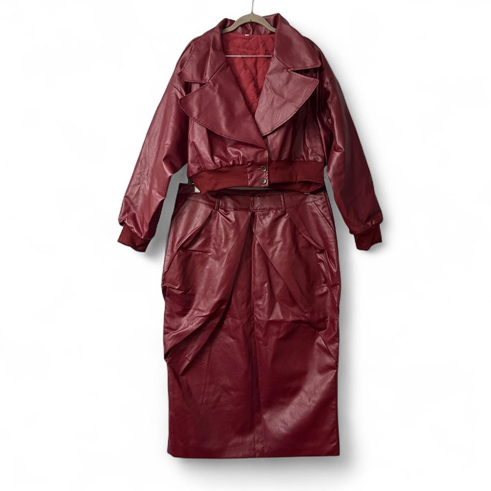 Women's Striking Oxblood Red Faux-Leather Two-Piece Set